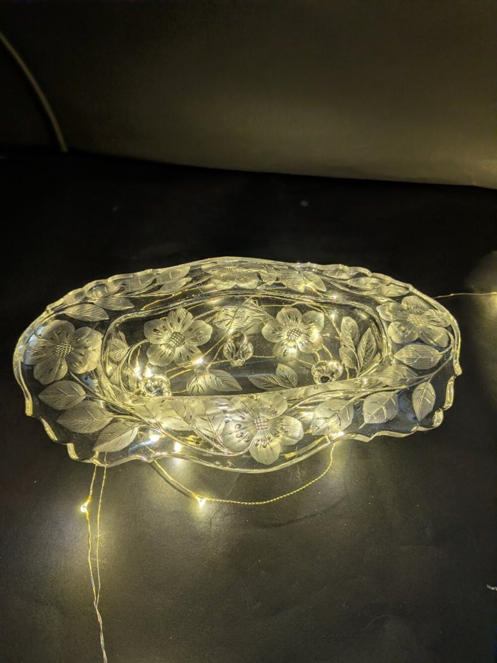 VTG Heavy Glass Footed Relish Dish Frosted Floral Dogwood Oval Centerpiece Bowl